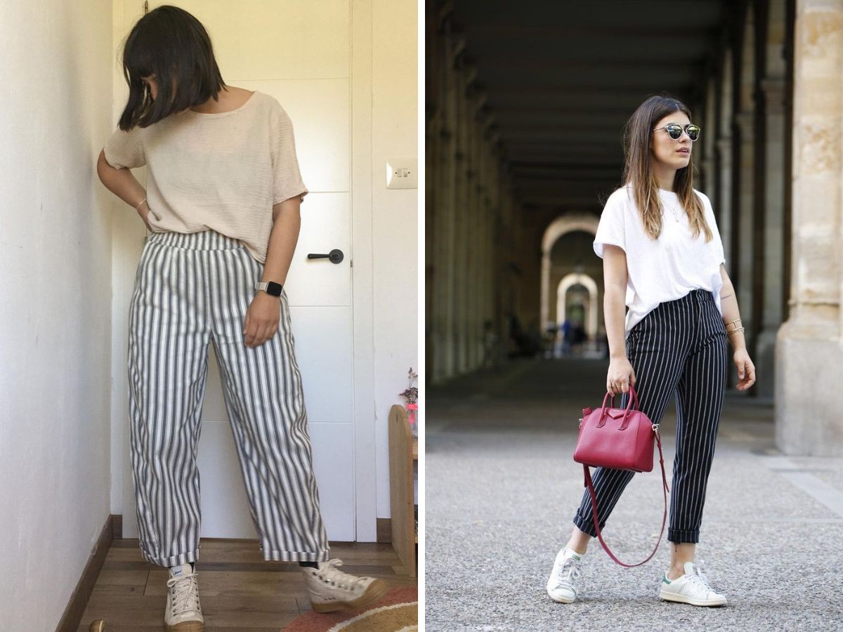 Cách phối đồ với quần kẻ sọc vơi áo thun trơn màu trung tính 