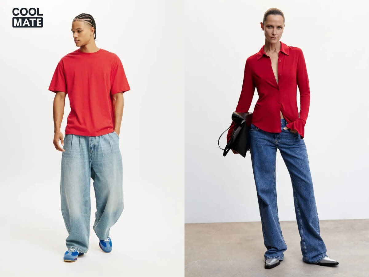 Màu đỏ phối với màu xanh dương (Denim)