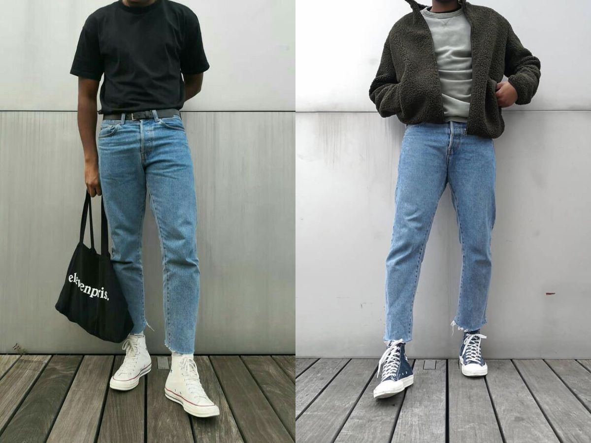 Phối quần jeans và giày sneaker cổ cao