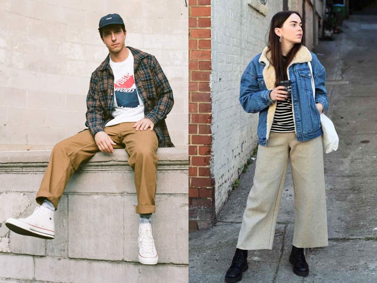 Phối áo thun graphic, áo sơ mi flannel cho nam và áo croptop, áo denim cho nữ