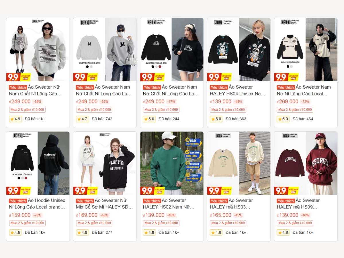 Halley Unisex là top shop bán áo sweater bán chạy nhất Shopee 