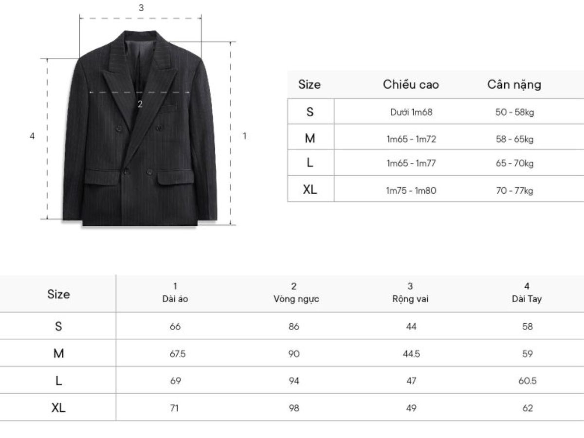 Bảng size blazer kẻ sọc tham khảo