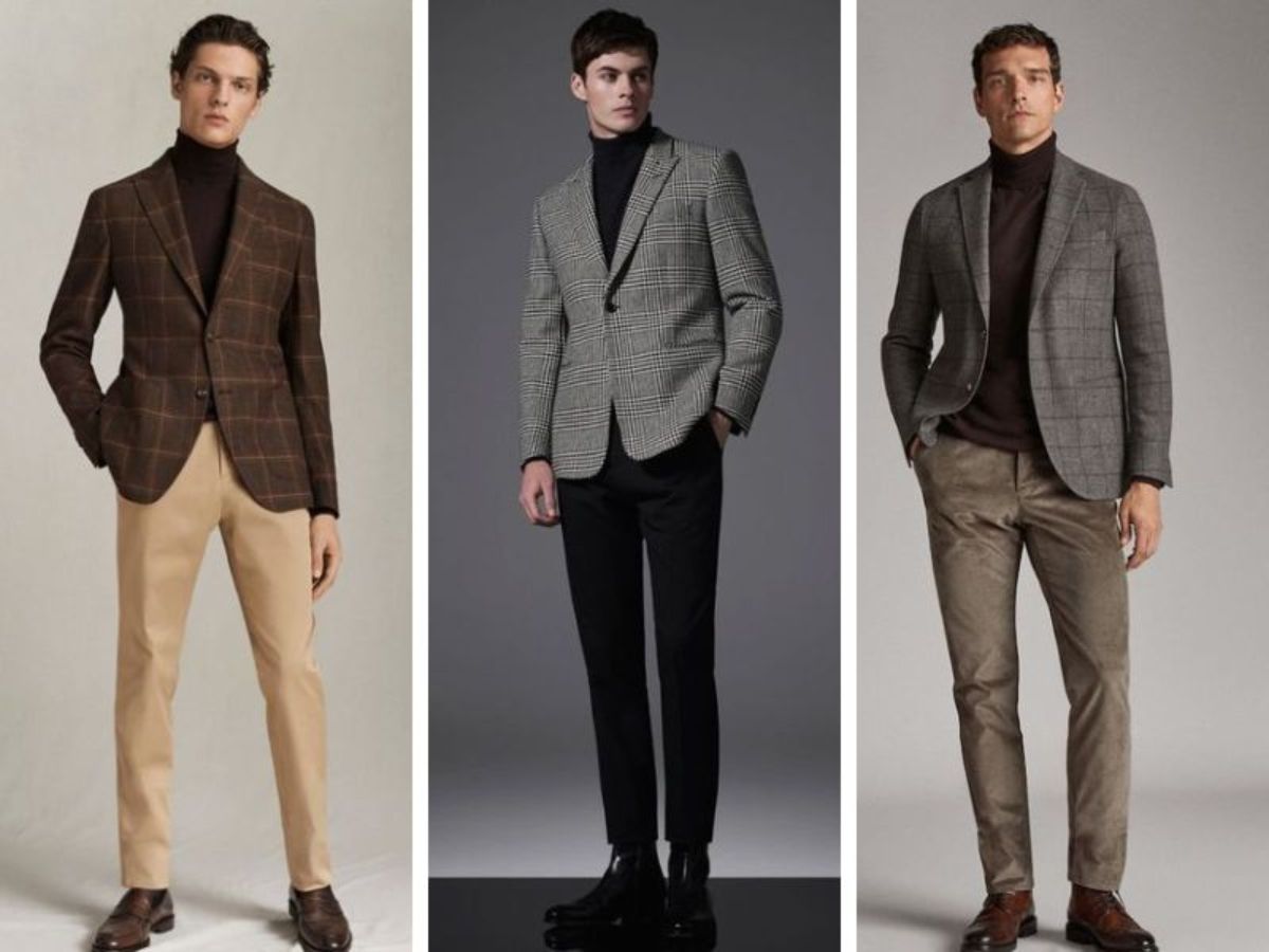 Phối Blazer kẻ sọc + Áo len/Áo cổ lọ + Quần tây