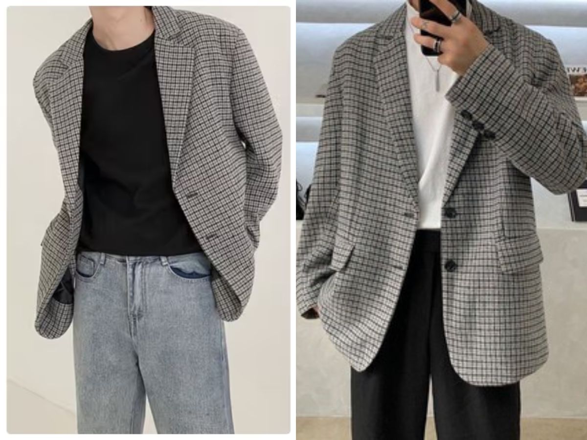 Phối Blazer kẻ sọc + Áo thun trơn + Quần jeans