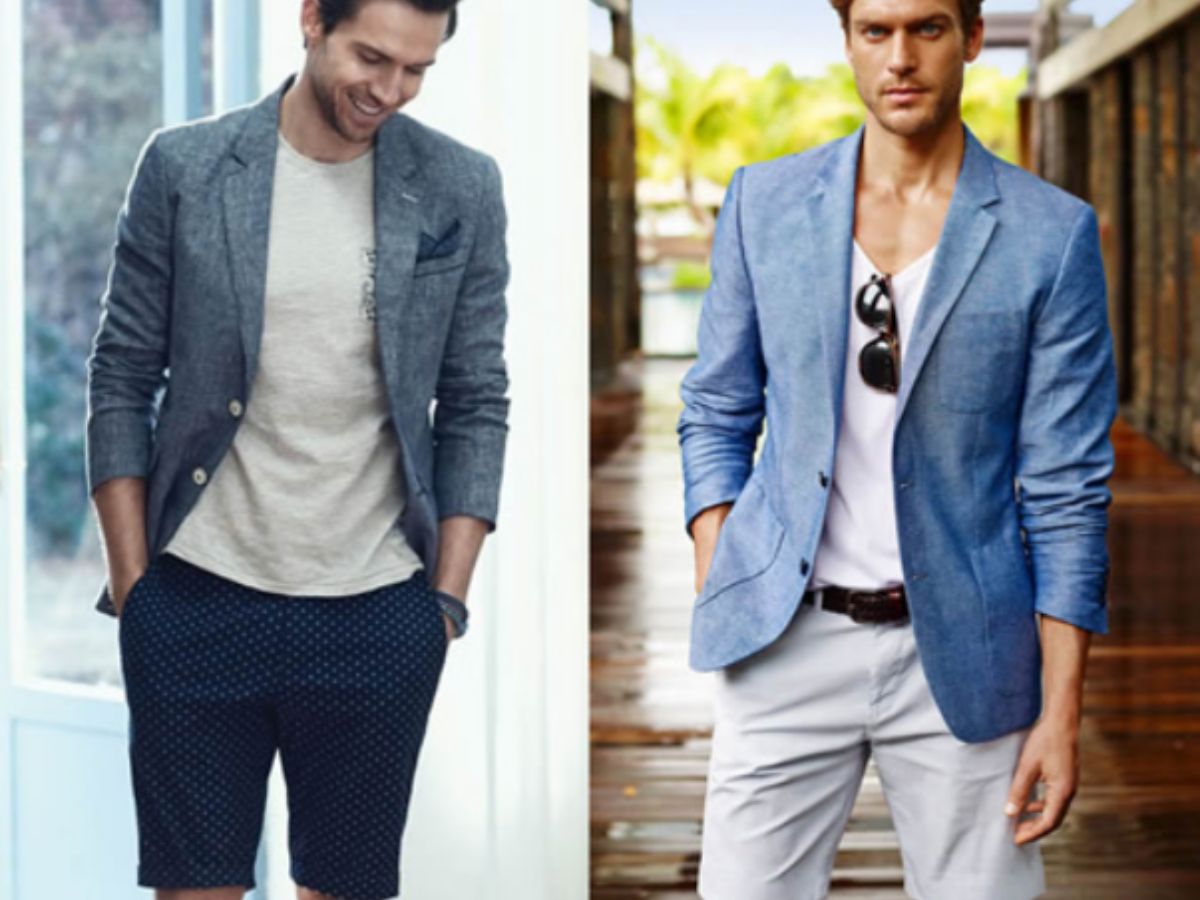 Phối Blazer kẻ sọc + Áo thun + Quần short (lịch sự)