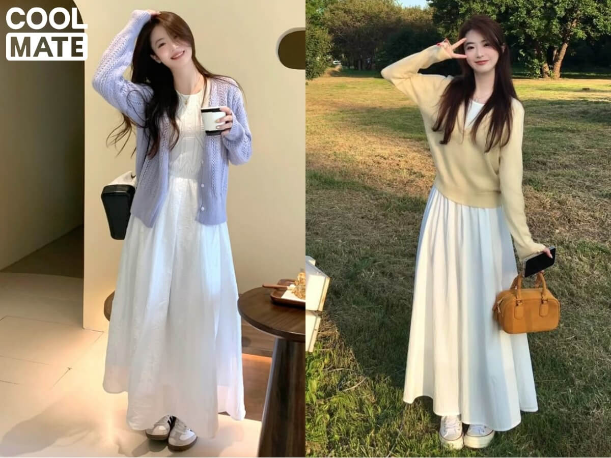 Phối áo cardigan hoặc len dáng ngắn và đầm maxi/chân váy dài 
