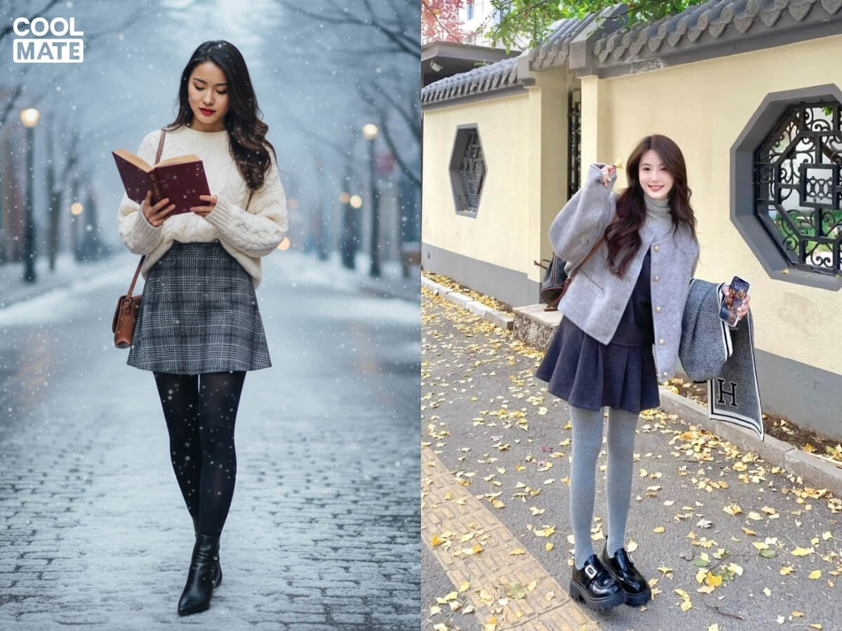Phối chân váy ngắn với áo len oversized và quần tất dày/legging