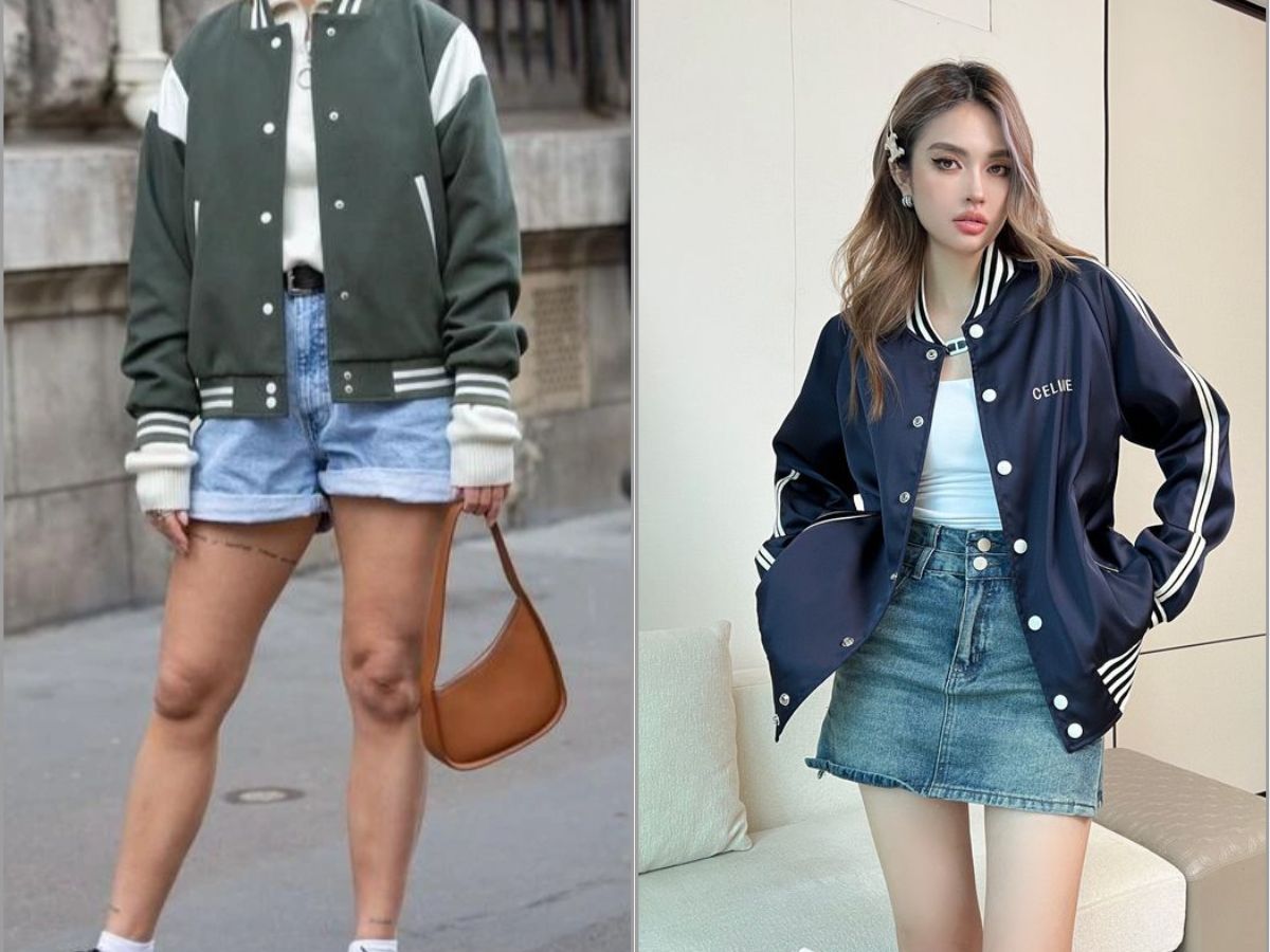 Quần short và chân váy jean phối cùng áo khoác bóng chày
